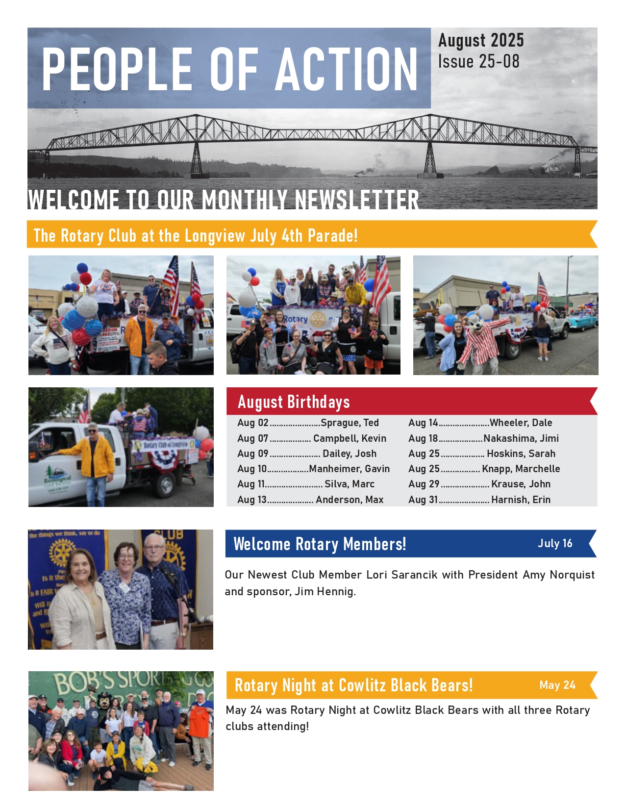 Rotary Club of Longview WA August Newsletter 2025 page 1
